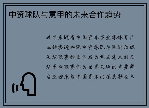 中资球队与意甲的未来合作趋势